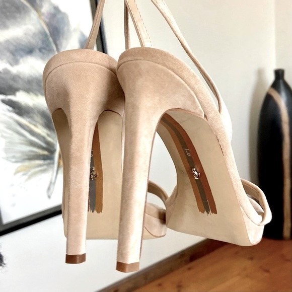 Sam Edelman Cream Suede Stiletto Heels with Ankle Strap - Picture 12 of 14